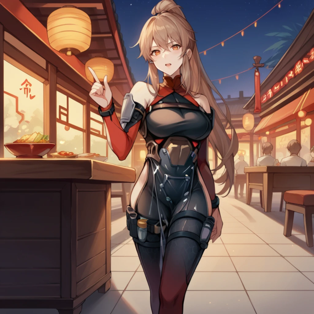 score_9_up, score_8_up, score_7_up, source_anime, 1girl, solo, Chinese background, restaurant, night, dimmed light, lantern, walking, hand on hip, looking at you, confident, half-opened mouth, raised hand, index finger up, Samir, Sr_Alt, bodysuit, high ponytail, covered navel, see-through, see-through pelvic curtain, black bodysuit, red collar, bare shoulders, detached sleeves, red sleeves, long sleeves, hip vent, clothing cutout, gradient leggings, thigh strap, orange eyes, long hair, brown hair, mature body, dynamic cowboy shot, 