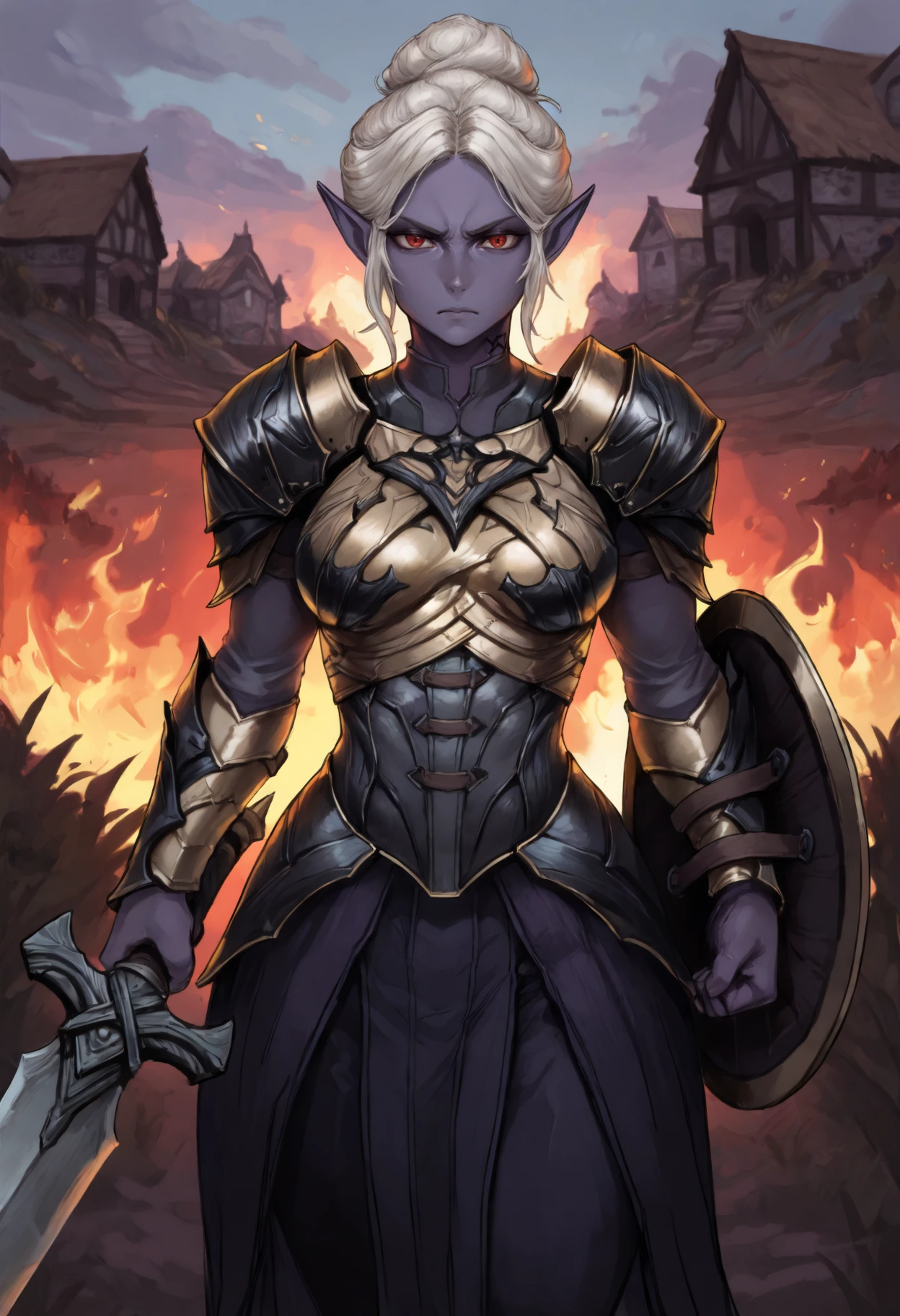 masterpiece, best quality, 1girl, colored skin, purple skin, pointy ears, red eyes, hair bun, short hair, white hair, neck tattoo, medium breasts,
yellow breastplate, shoulder armor, armor, undershirt,
looking at viewer, serious, shield, holding longsword, 
outdoors, village, fire,
<lora:Minthara-NoobAi-1.1_V1-Manityro-CAME:1>,