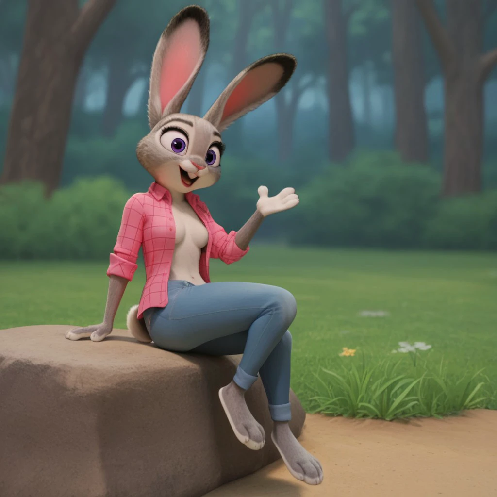 score_9, score_8_up, score_7_up, score_6_up, score_5_up, score_4_up, source_furry, hoppsJudyzt, anthro, female, bunny, grey fur, purple eyes, rabbit ears, rabbit tail, rabbit girl, buck teeth, pink flannel shirt, blue jeans lush valley, sitting on a rock on a riverbank, barefoot, open mouth, forest, open shirt