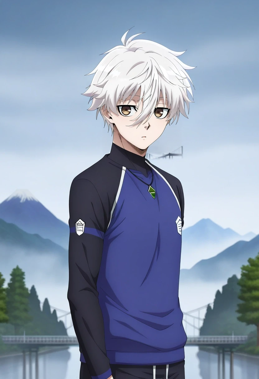 masterpiece, best quality, , anime screencap, anime coloring, official style, looking at viewer, depth of field, 1boy, solo, male focus, <lora:seishirou_nagi_ilxl:0.96>, seishirou_nagi, white hair, brown eyes, short hair, bangs, hair between eyes, suspension bridge, fog, tree, mountain, crossing bridge, dawn, careful steps, looking down,