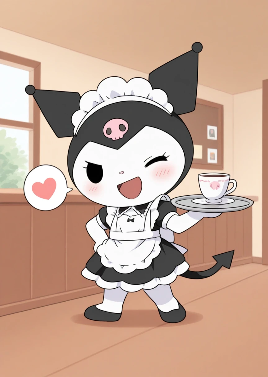 best quality, masterpiece, kuromi, no humans, open mouth, feral, jester cap, dot eyes, skull print, tail, black eyes, chibi, solo, smile, happy, blush, maid outfit, maid headdress, cafe, tray, wink, one eye closed, spoken heart, furry, 