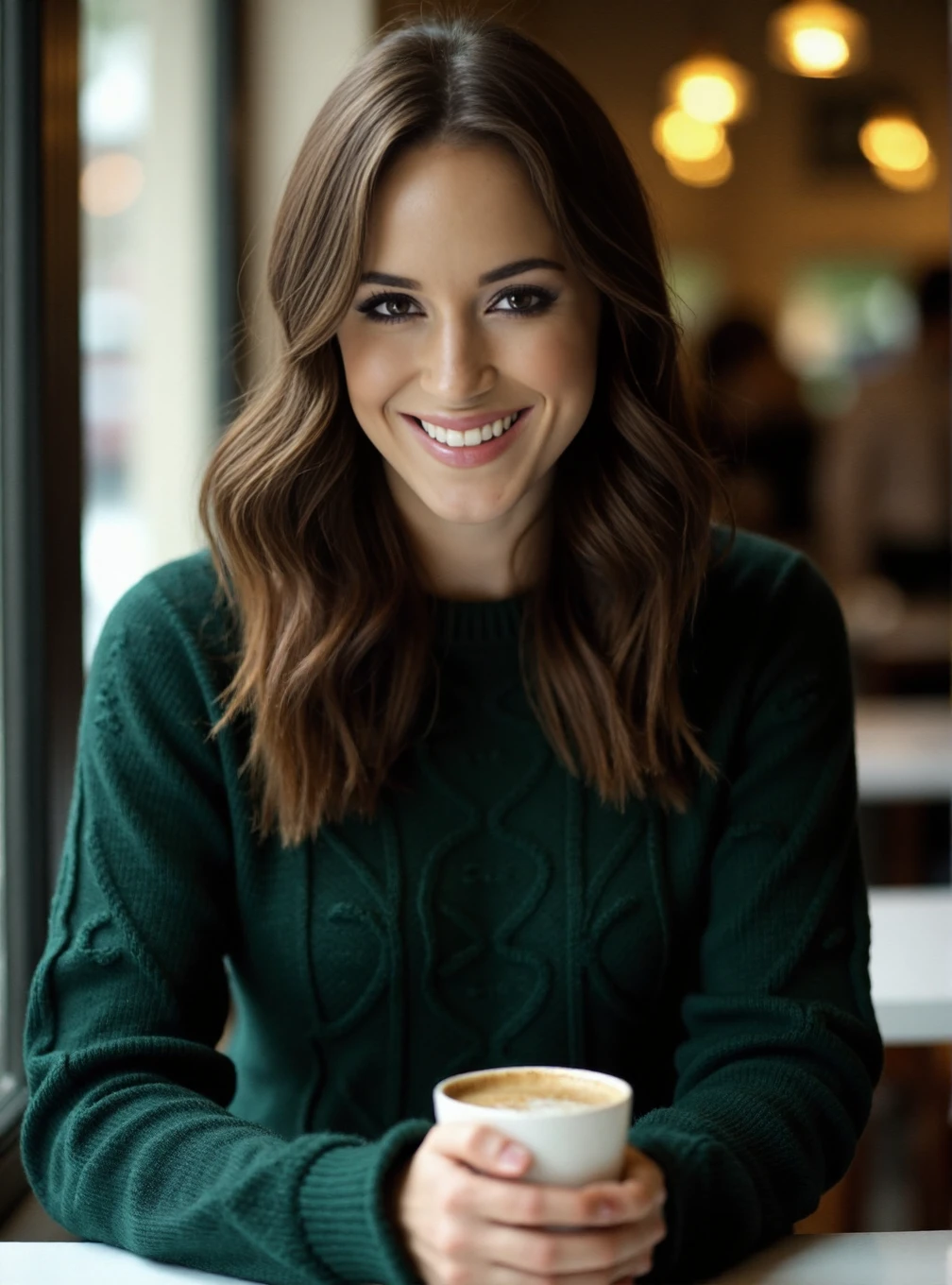 A professional photograph of a 23yo woman Rosie_Jones wearing a dark green cableknit sweater in a cafe, holding a latte. Brunette hair, light make-up, detailed skin, bokeh, female focus, (SFW), smile <lora:Rosie_Jones:1>