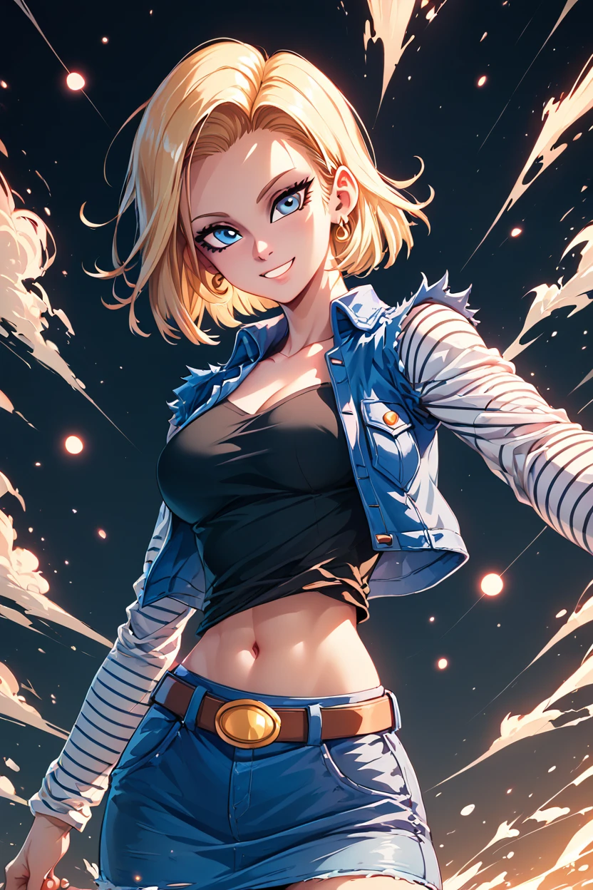 score_9, score_8_up, score_8, medium breasts, (curvy), cute, eyelashes,    <lora:Android18PDXL:1.0>, zzAndroid18, blue eyes, blonde hair, short hair, jacket, denim, denim jacket, jewelry, earrings, long sleeves, shirt, skirt, belt, stripes,  smile, looking at viewer,   sleek and poised, standing under a shattered moon, desolate wasteland stretching around her, glowing energy ball in hand, soft breeze stirring her hair, quiet yet intense focus,  ,,, embedding:zPDXL, Expressiveh, <lora:Hyperdriver_PDXL_v5:0.8>, <lora:SDXLFaeTastic2400:0.5>,  <lora:Expressive_H-000001:0.4>,