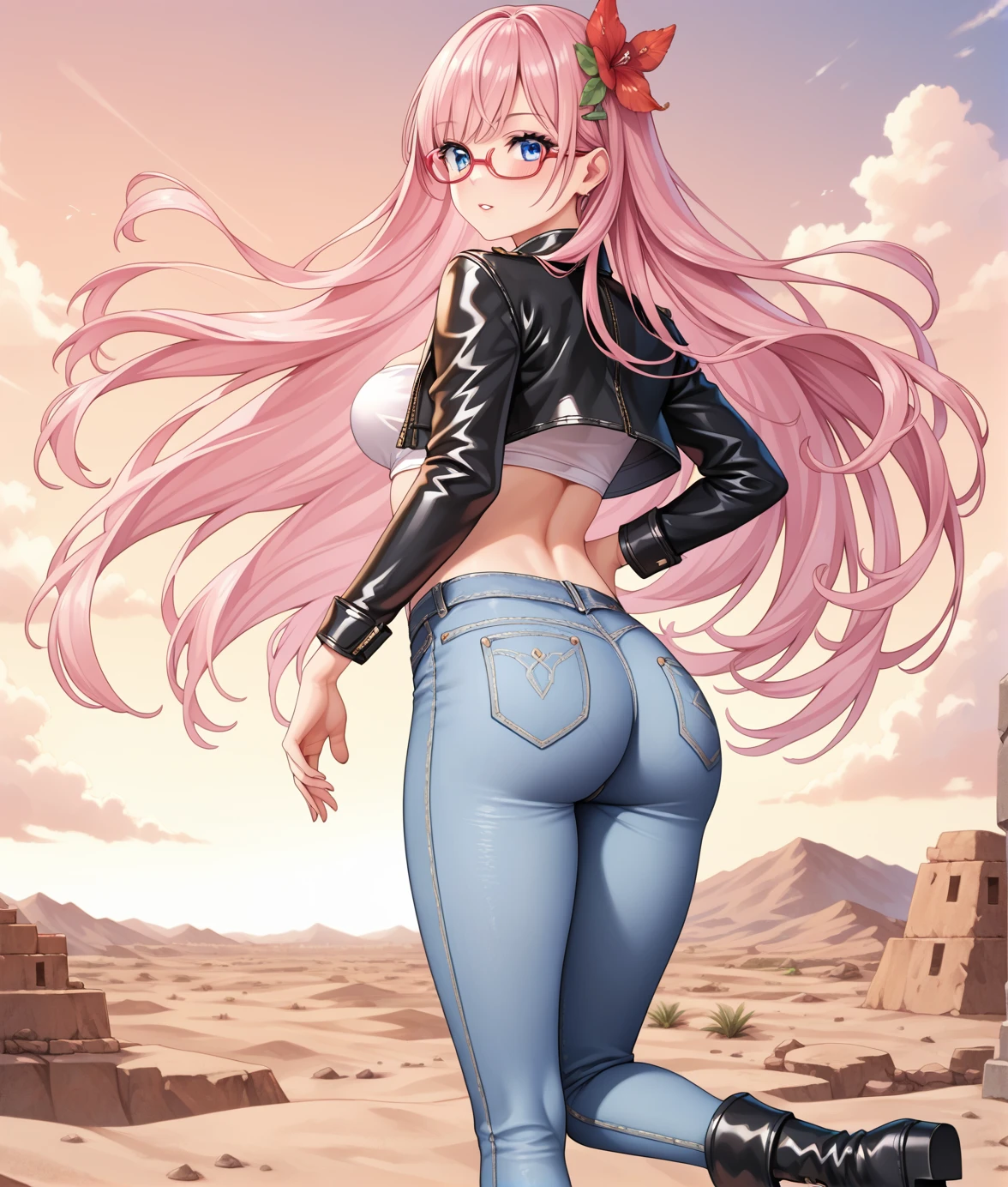 <lora:FNP-9_Girls_Frontline:.6> fnp-9, pink hair, blue eyes, hair ornament, red glasses, long hair,  desert, shack background, leather jacket, jeans, large ass, black boots, tube top, score_9, score_8_up, score_7_up, score_6_up, score_5_up,, detailed eyes, detailed face, detailed hands, <lora:detailed_notrigger:1>, (masterpiece), (best quality), (ultra-detailed), (best illustration), detailed face, skin pores, detailed skin, detailed eyes, high quality eyes, good quality hands, high resolution, great anatomy, high quality, highres,, skindetailpxl,  detailxl