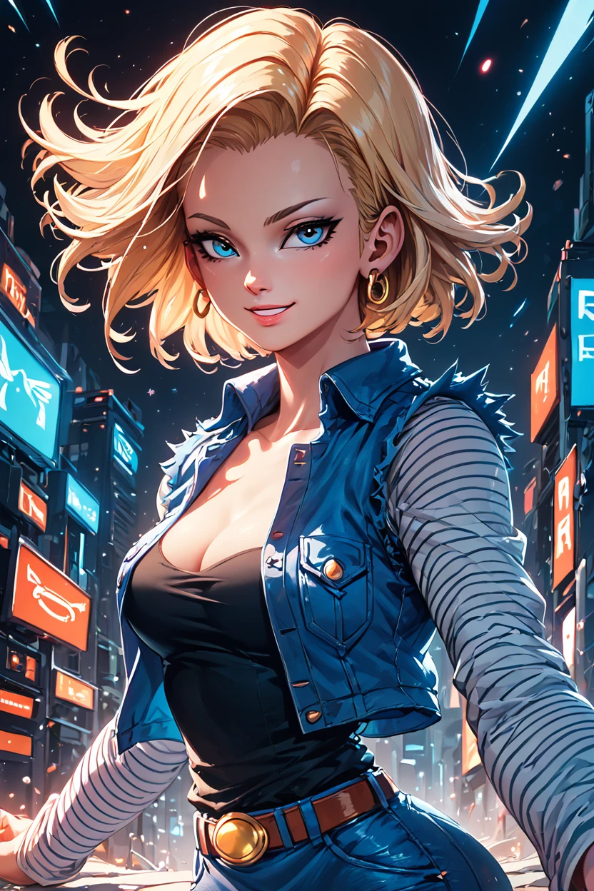 score_9, score_8_up, score_8, medium breasts, (curvy), cute, eyelashes,    <lora:Android18PDXL:1.0>, zzAndroid18, blue eyes, blonde hair, short hair, jacket, denim, denim jacket, jewelry, earrings, long sleeves, shirt, skirt, belt, stripes,  smile, looking at viewer,   dynamic pose, cinematic lighting, dramatic shadows, wind-blown hair, intense gaze, battle-damaged outfit, futuristic city background, glowing neon lights, high contrast, detailed clothing    ,,, embedding:zPDXL, Expressiveh, <lora:Hyperdriver_PDXL_v5:0.8>, <lora:SDXLFaeTastic2400:0.5>,  <lora:Expressive_H-000001:0.4>,