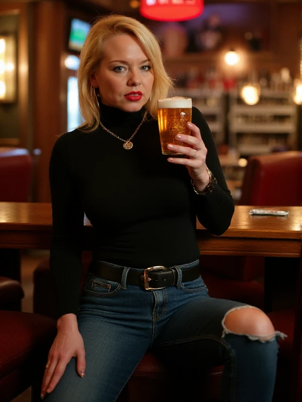 <lora:Donna:0.9> donna, 1girl, blonde hair, necklace, jewelry. She wears a tight turtleneck and jeans and higheels. She holds a beer in an english pub