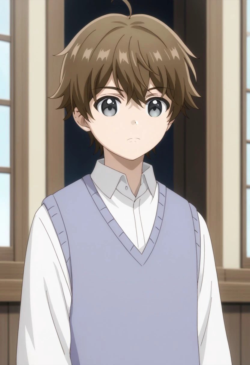 score_9, score_7_up, source_anime 
gill, 1boy, male focus, solo, grey eyes, brown hair, short hair, hair between eyes, ahoge, shirt, white shirt, collared shirt, vest, sweater vest,
indoor,