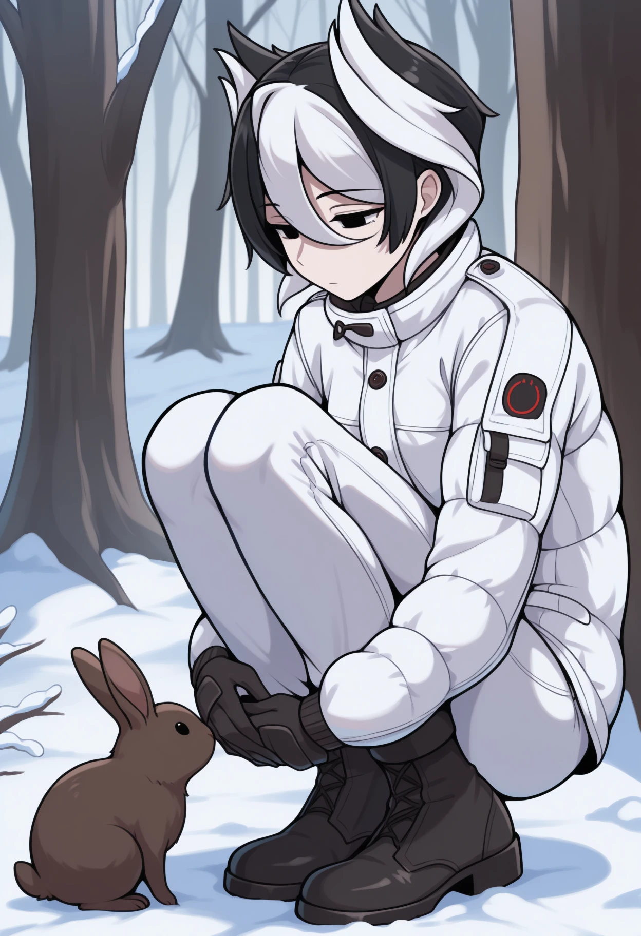 masterpiece, best quality, <break> solo, 1girl, oz3n, expressionless, looking down, looking at animal, squatting, hugging own legs, short hair, two-tone hair, black hair, white hair, hair between eyes, black eyes, white jacket, down jacket, long sleeves, black gloves, white pants, black footwear, boots, outdoors, nature, snow, animal, rabbit
<segment:yolo-Anzhc Face seg 640 v2 y8n.pt,0.4,0.5//cid=1>