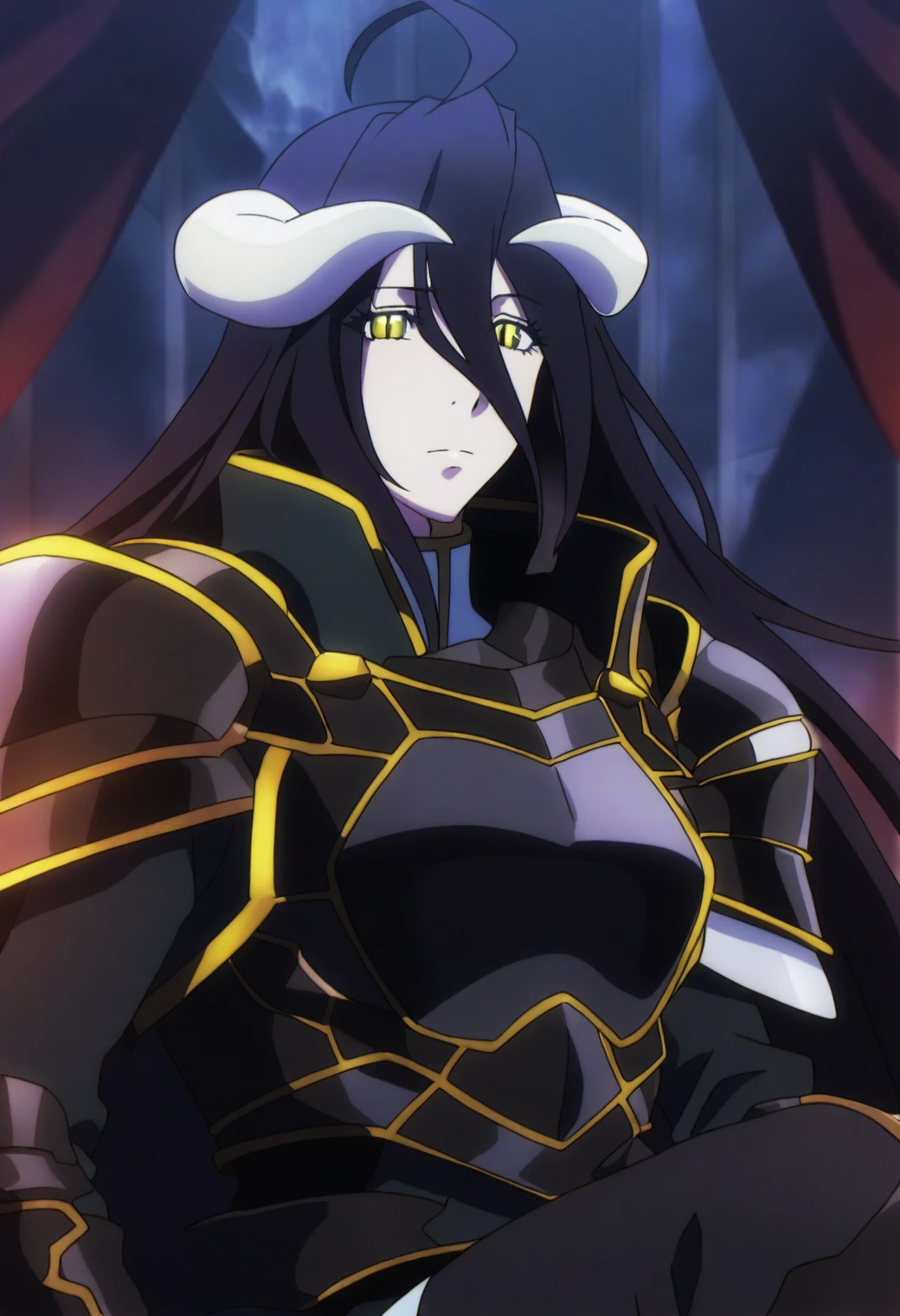 <lora:Albedo - [Overlord] - illustriousXL v1:1>, sysdeep_albedo, black hair, yellow eyes, horns, dragon rider, sitting on dragonâs back, leather armor, epic landscape, confident gaze, anime coloring