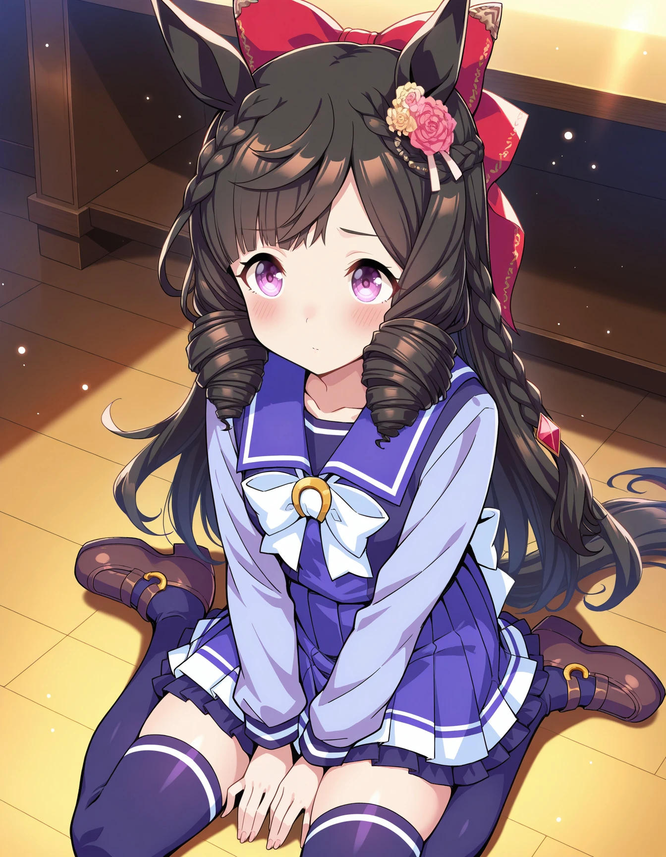 1girl,solo,black hair,drill hair,crown braid,bangs,horse girl,long hair,purple eyes,DRschoolLong,purple sailor shirt,purple pleated skirt,purple thighhighs,red diamond hair ornament,red hair bow,pink and yellow hair flower,brown footwear,back bow,long sleeves,horseshoe ornament,tracen school uniform,white bow,
light particles,sitting,wariza,blush,
<lora:DaiichiRuby_ILExtraV2:0.9>,masterpiece,best quality,highres,absurdres,umamusume,game cg,