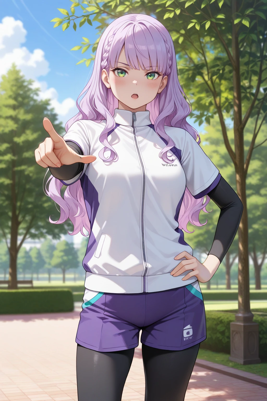 masterpiece, best quality, amazing quality, very aesthetic, absurdres, photorealistic, 1girl, solo,
<lora:wien_izo_IL:0.8>, wien, long hair, wavy hair, purple hair, green eyes, braid,
medium breasts, purple training shorts, black leggings under shorts, short sleeves, short over long sleeves, training shirt, layered sleeves,
seductive gaze, bedroom eyes, serious, open mouth,
blush, looking at viewer, standing, contrapposto, hand on hip, one hand up, pointing towards viewer,
blurry background, outdoors, blue sky, clouds, tree, park,