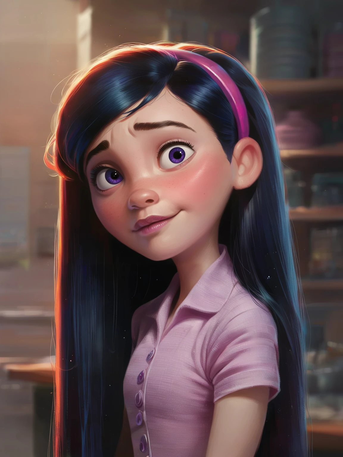 <lora:Violet Parr:0.4> vio_p, 1girl, slender body, fair skin, pink lips, bluish-purple eyes, long straight hair, black hair, headband,pink short sleeve shirt,
<lora:Concept Art Brush Style LoRA_Pony XL v6:0.9> realistic, concept art, digital art, score_9, score_8_up, score_7_up,