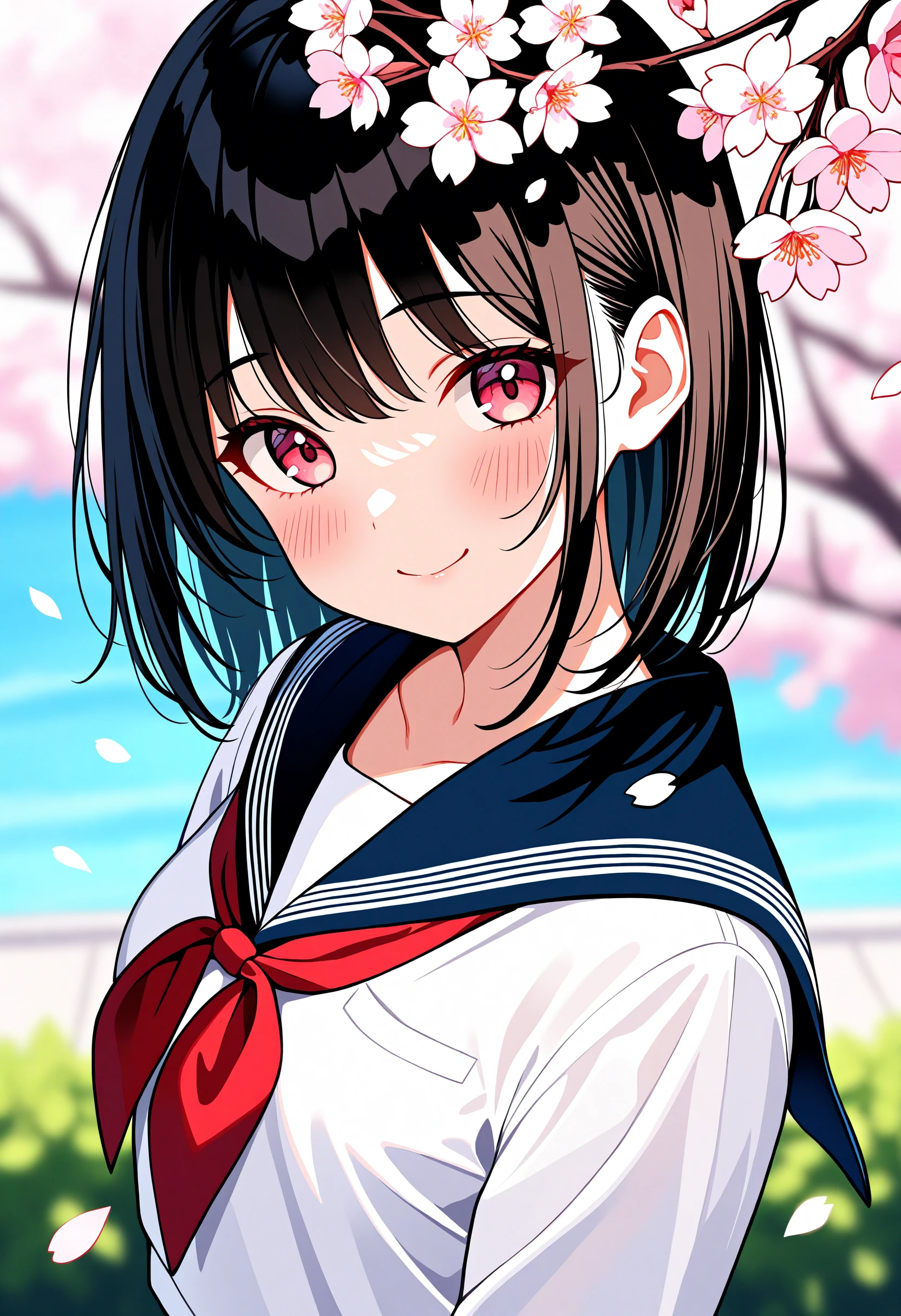 masterpiece, best quality, absurdres, very aesthetic, 1girl, sailor, cherry blossoms, smile, blurry background,