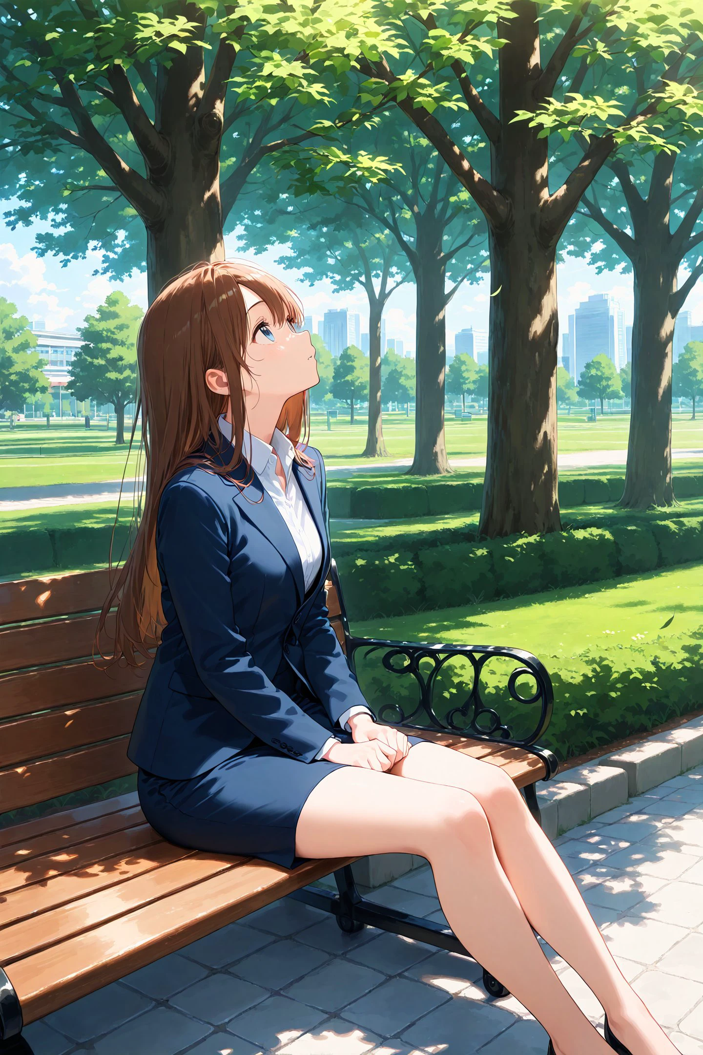 masterpiece,best quality,
1girl,park,business suit,sitting,looking up,from side