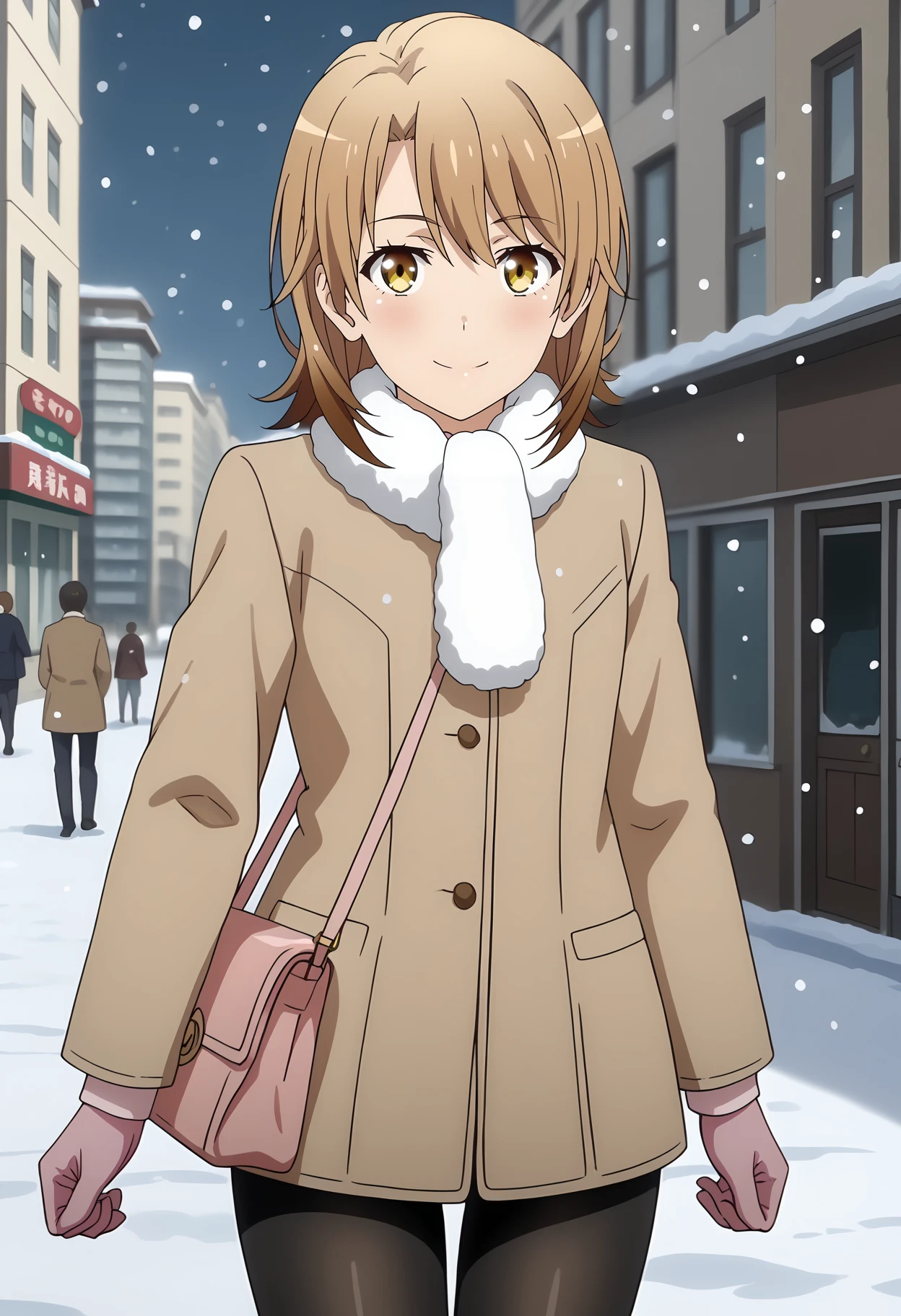 anime screencap,
<lora:YahariOreNoSeishunLoveComedy_IsshikiIrohaXL:0.9>,
1girl, solo, closed mouth, smile, blush,
medium hair, multicolored hair, light brown hair, brown hair, multicolored eyes, yellow eyes, hair between eyes,
IrohaWinter, white scarf, fur collar, brown coat, handbag, pink gloves, black pantyhose,
thigh gap, cowboy shot, standing, looking at viewer,
winter, snow, snowing, school, city, outdoors, blurry background