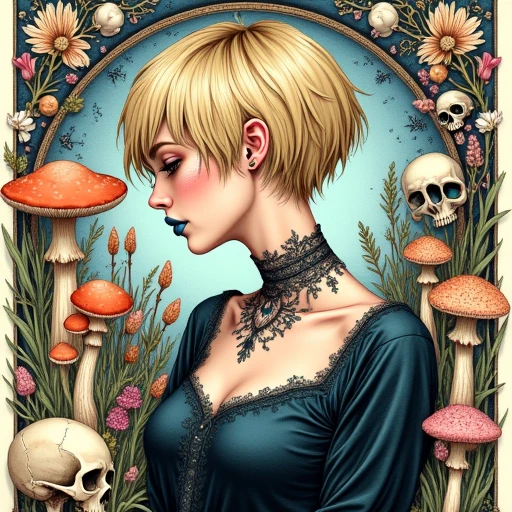 portrait of a very blonde woman with greyish green blue eyes, she wears dark blue lipstick, her hair is cropped very short and choppy, she is surrounded by art nouveau depictions of mushrooms and skulls and flowers, herbs