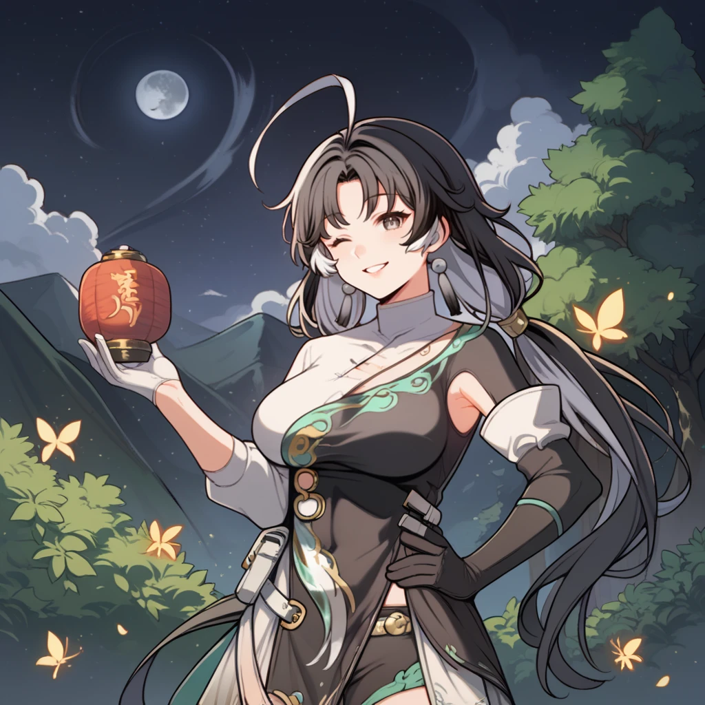 score_9_up, score_8_up, score_7_up, source_anime, 1girl, solo, night, mountain, starry sky, moon, forest, clouds, (upper body)++, close up, holding lantern, Chinese lantern, fireflies, sweet smile, parted lips, wink, hand on hip, angled shot, trees, bushes, Jianxin, Jia_Def, black hair, long hair, grey eyes, chinese clothes, dress, black shorts, teal trim, single thigh boot, single knee boot, clothing cutout, open skirt, two-tone skirt, white belt, pouch, asymmetrical clothes, two-tone dress, white dress, black dress, low twintails, colored inner hair, white hair, ahoge, asymmetrical legwear, asymmetrical footwear, white glove, black glove, mismatched gloves, mismatched sleeves, asymmetrical sleeves, white sleeve, black sleeve, elbow glove, singe glove, armpit cutout, mature body, dynamic cowboy shot, 