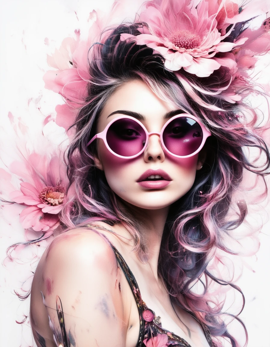 beautiful woman with pink sunglasses, sexy cleavage, pinup style, mixed styles by Anna Dittmann and Yoshitaka Amano and Agnes Cecile