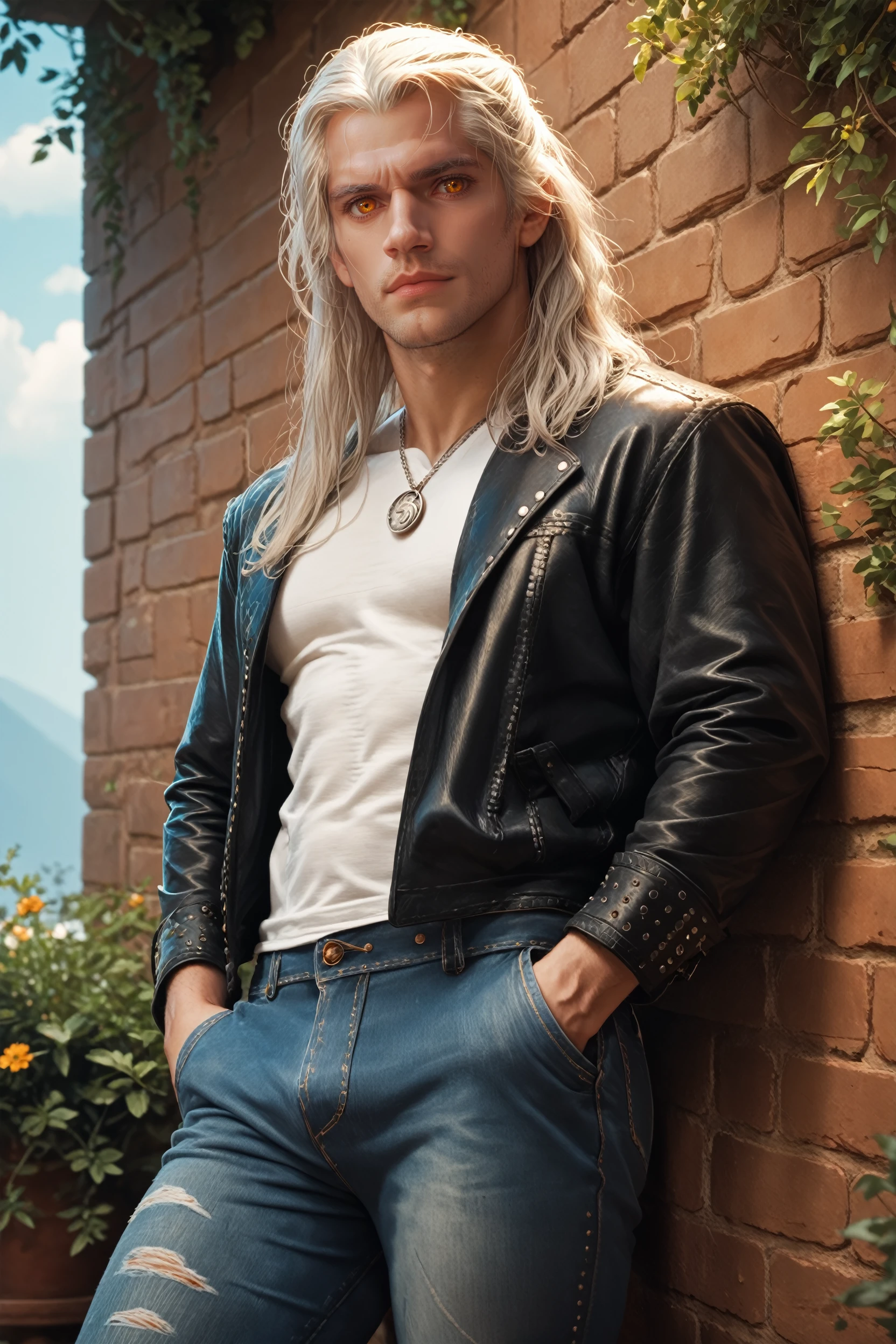 score_9, score_8_up, score_7_up,
<lora:TWTVGeralt:0.9>
TWTVGeralt, 1boy, amber eyes, long hair, white hair, looking at viewer, leaning against wall, outside, leather jacket, jeans, hands in pocket, at night