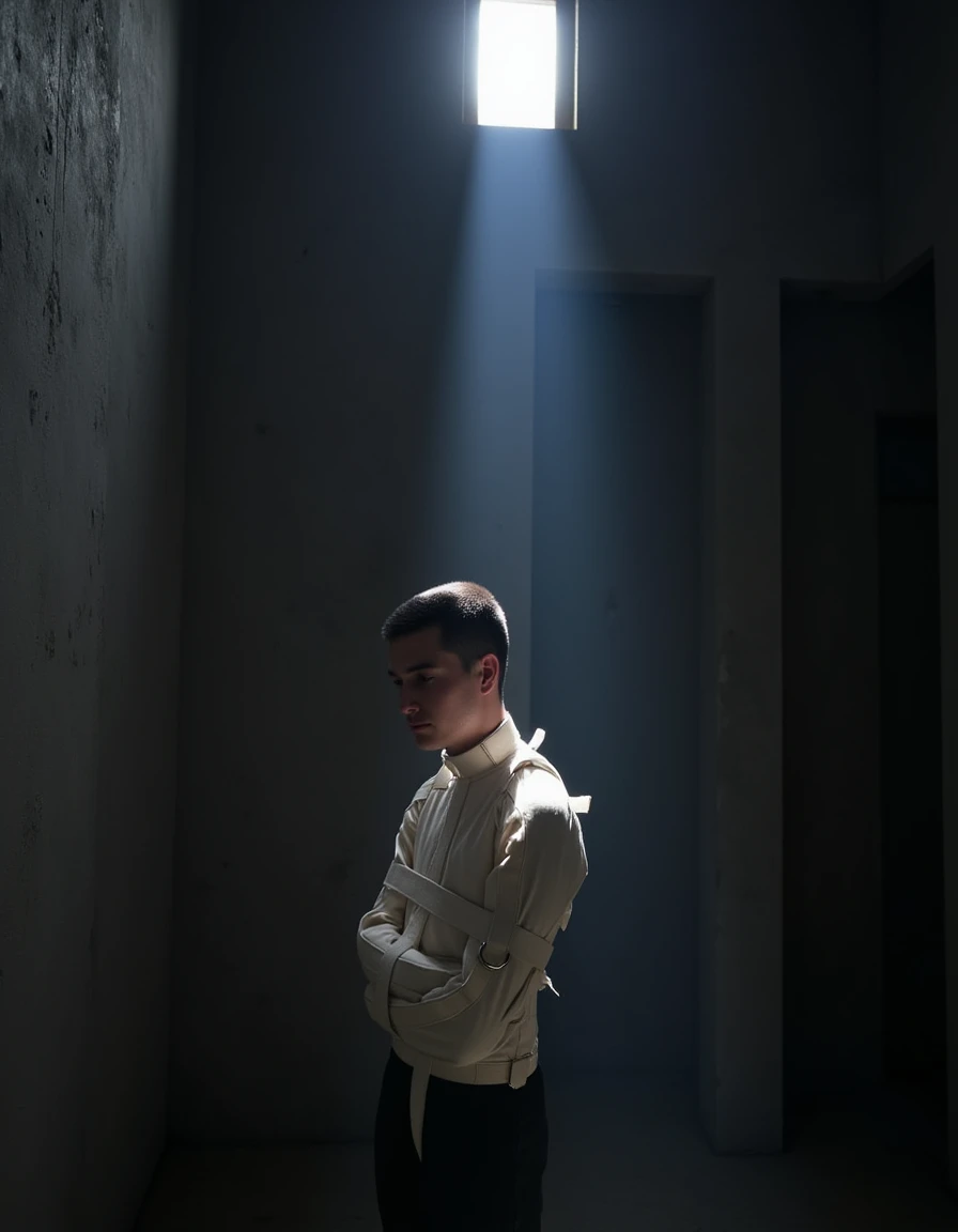 Medium close-up upper body shot of a young man, dark hair neatly trimmed, wearing a crisp white sjpsycho that stands out against the bleak, dark concrete walls surrounding him. He stands dejectedly, his shoulder leaning against the wall for support, his gaze averted from the camera. A poignant, lifeless expression plays on his face, illuminated by the intense beam of light pouring in from a small window above, casting a long, lonely shadow on the cold floor. The stark contrast between the bright light and the dark room highlights the despair and hopelessness etched onto his young features
<lora:StraitjacketFlux_Psycho_v1:1.2>