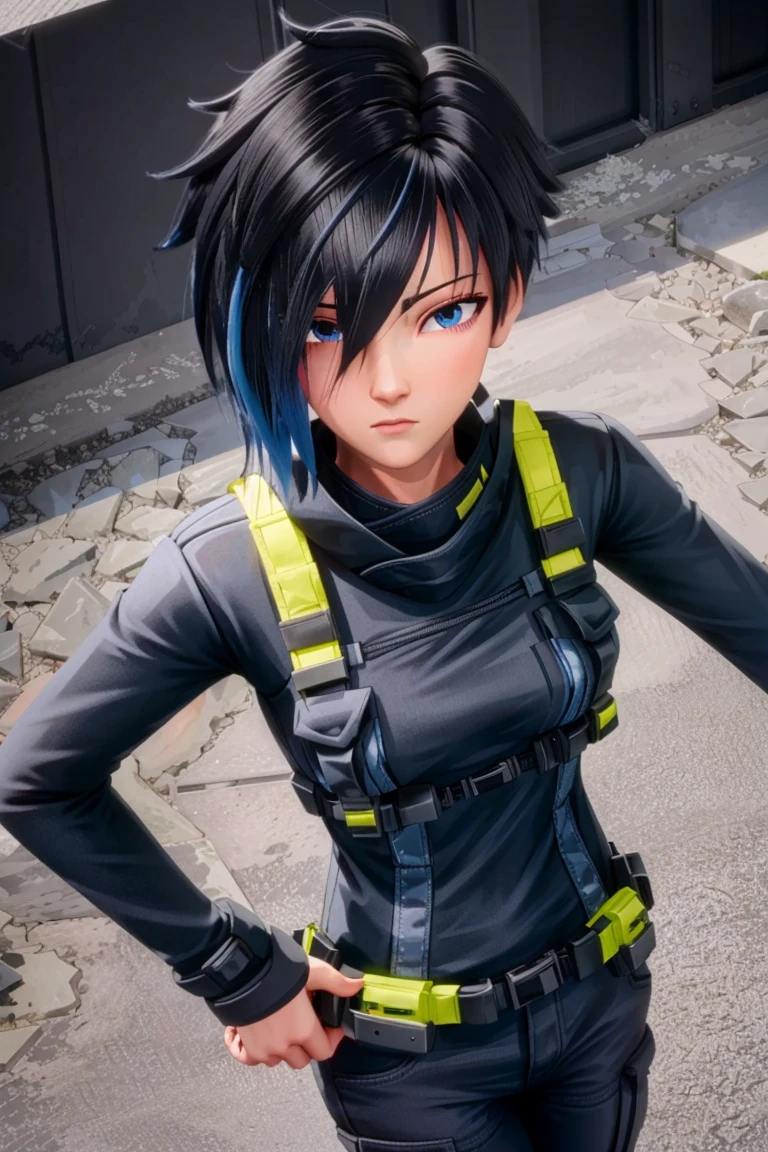 best quality, 1girl, standing, black blue theme,   <lora:Kai_Koguma-05:0.8> kai koguma, short hair, multicolor hair, black hair, blue hair, blue eyes, hair over one eye, cute