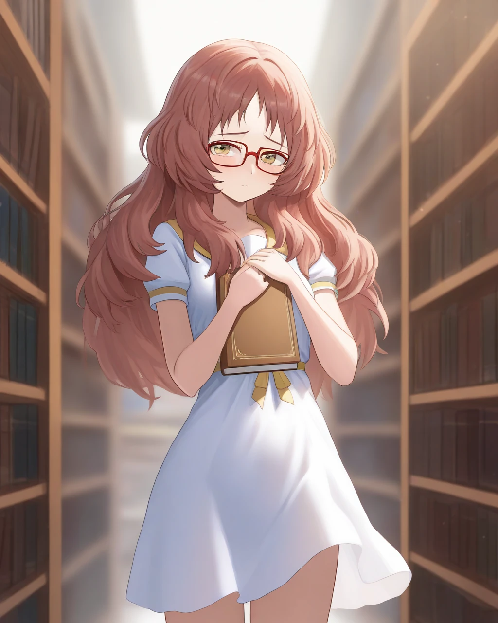 masterpiece, best quality, rating:safe, 1girl, solo, aimie, {miestudent, school uniform, serafuku, yellow neckerchief, red pleated skirt|white short dress|sweaters, short shorts}, {mieglasses,|,} {smiling|XD|:<|sad|embarrassed, blush}, {standing|sitting|walking}, {classroom|playground|living room|library}