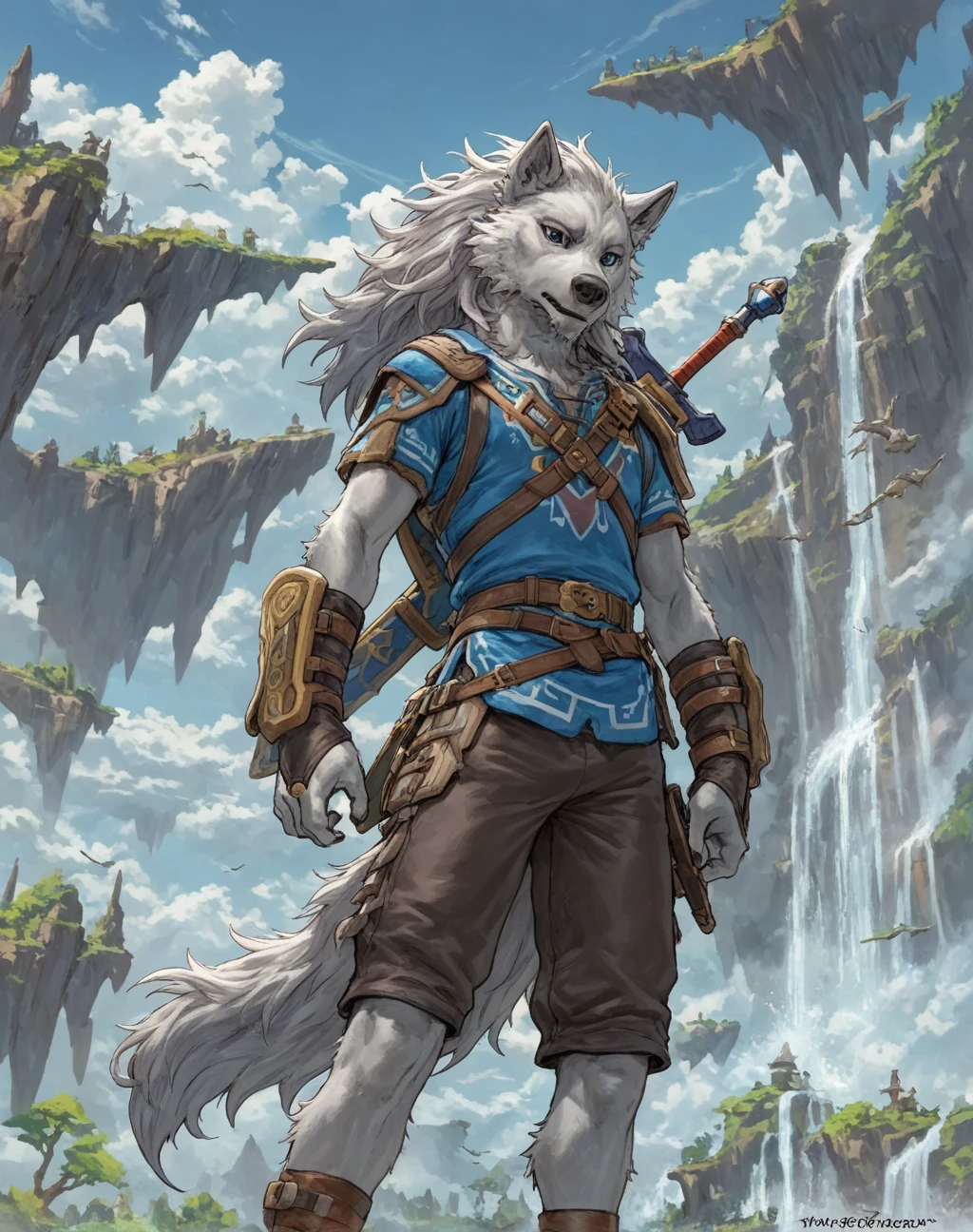 masterpiece, best quality, dangpa, tarran fiddler, 

anthro, male, wolf, floating islands, fully clothed, shorts, shirt, solo, vista, clouds, looking down, waterfall, hyrule, fantasy art, fantasy, adventurer, sword on back, atmospheric, windy, (long hair:1.3)