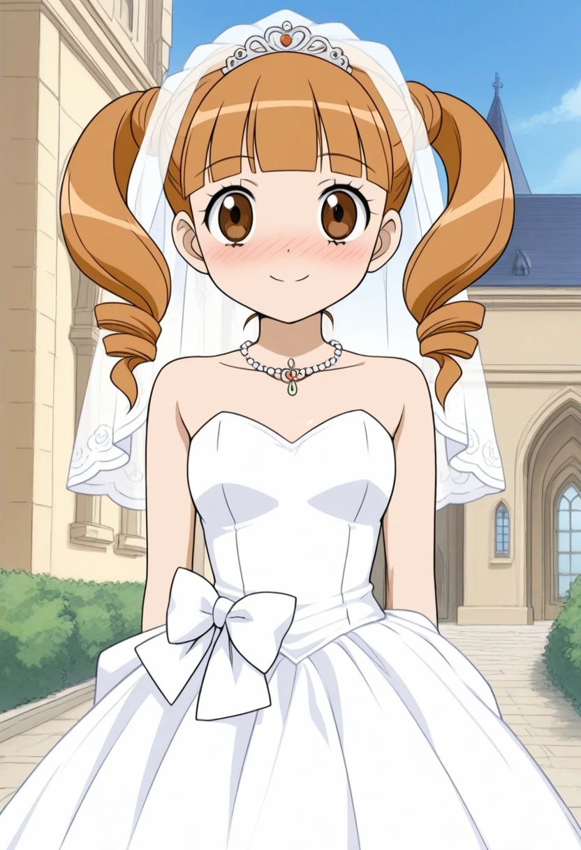 score_9, score_8_up, score_7_up, score_6_up, score_5_up, BREAK
yumeno uta, 1girl, solo, outdoors, onegai my melody, brown eyes, day, twintails, brown hair, blunt bangs, drill hair, long hair, church, wedding dress, wedding veil, blush, deep blush, nose blush, happy, smile, 