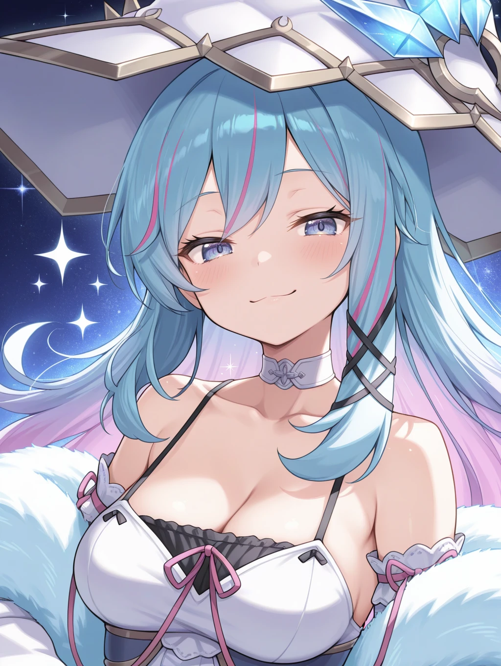 1girl, solo, cleavage, medium breasts, looking at viewer, smile, collarbone, upper body, star \(symbol\), blush, white choker, white detached sleeves, white sleeveless dress, white witch hat, black hair ornament, fur trim boa, blue theme, rilliona the magistus of verre, sparkle, smug
masterpiece,best quality,amazing quality,very aesthetic,absurdres,newest,<lora:Rilliona, the Magistus of Verre illuXL v1:0.72>,