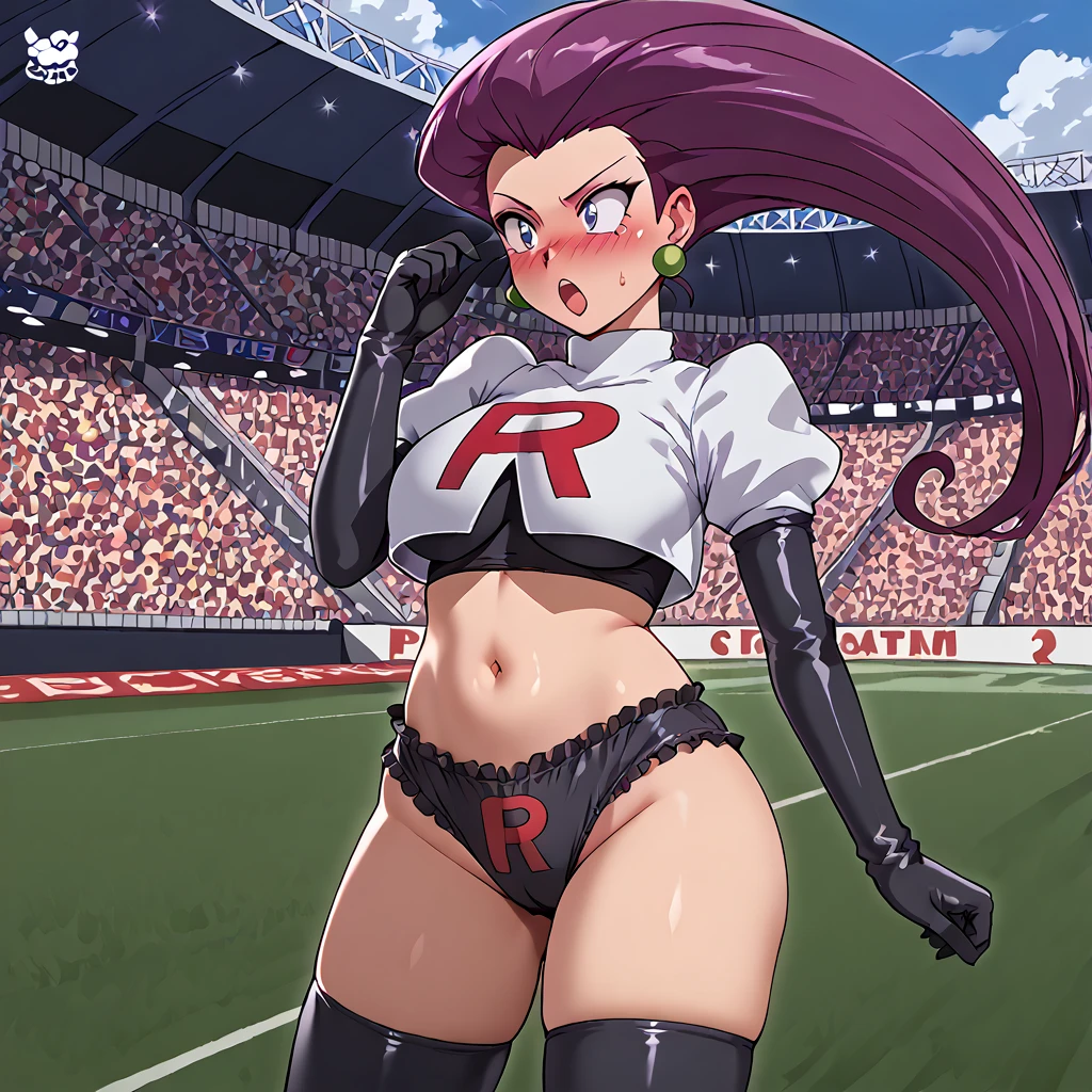 <lora:EPpkJessiePony:1> eppkjessie, 1girl, solo, long hair, earrings, hair slicked back, gloves, elbow gloves, team rocket,  large breasts, thighhighs, team rocket uniform, black thighhighs, black gloves, navel, purple hair, gasp, deep  blush, outside, stadium   <lora:Full-face_Blush_r1:1> b1ush, full-face blush, embarrassed,  <lora:EUF_-_Pantsu-000008:1> euf-pantsu, pantsu, panties, high-waist panties, baggy panties, black panties, gusset seam, red leg elastic, prints, frilly waist elastic, red waist elastic, rocket logo,