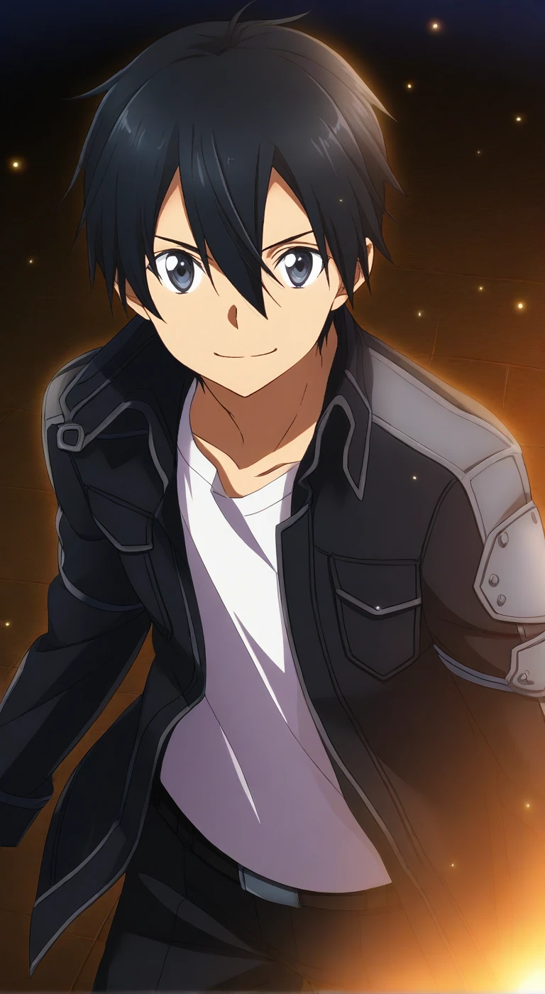 score_9, score_8_up, score_7_up, source_anime, highres, (masterpiece, best quality,cinematic lighting, (anime, anime coloring:1.3),1boy,solo,male focus,kazuto kirigaya,kirito,black hair,black eyes,hair between eyes,smile,leather jacket,leather pants,white t-shirt