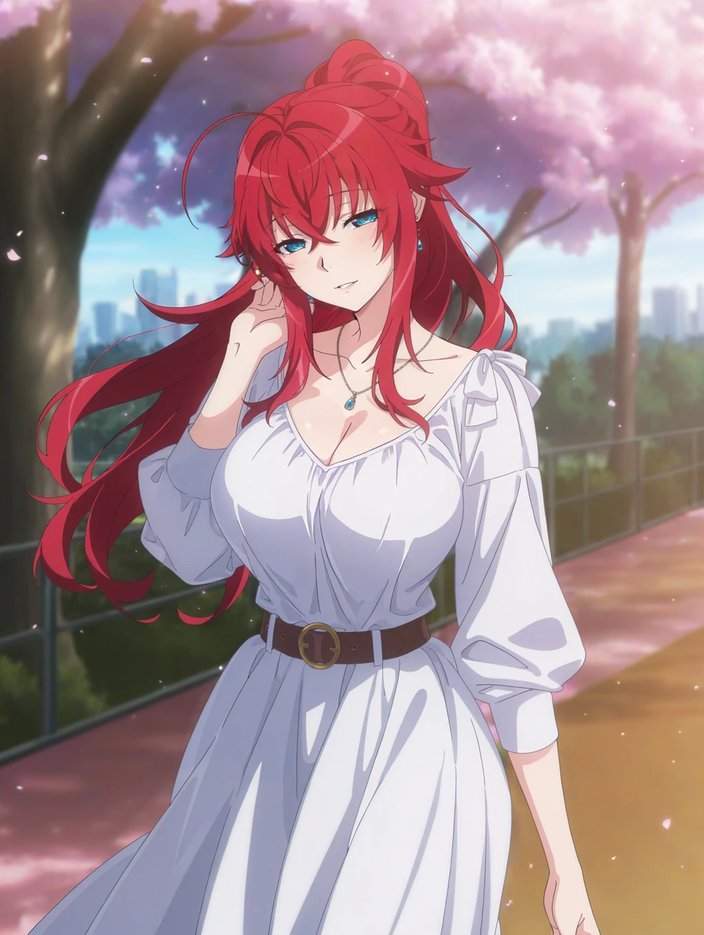 masterpiece, best quality, amazing quality, very aesthetic, absurdres, newest, scenery, best quality, anime screencap,<lora:Rias_Gremory__-_High_School_DxD_Hero_ILLUSTRIOUS:1> rias,red hair, huge ahoge,( ponytail:1.4),(very long hair:1.4),blue eyes,crossed bangs,large breasts,park, cherry blossoms, bloom, long dress, cleavage, lighting, earrings, catwalk \(modeling\), light particles, wavy hair, belt, necklace, half-closed eyes, light blush, looking at viewer, light smile, parted lips,