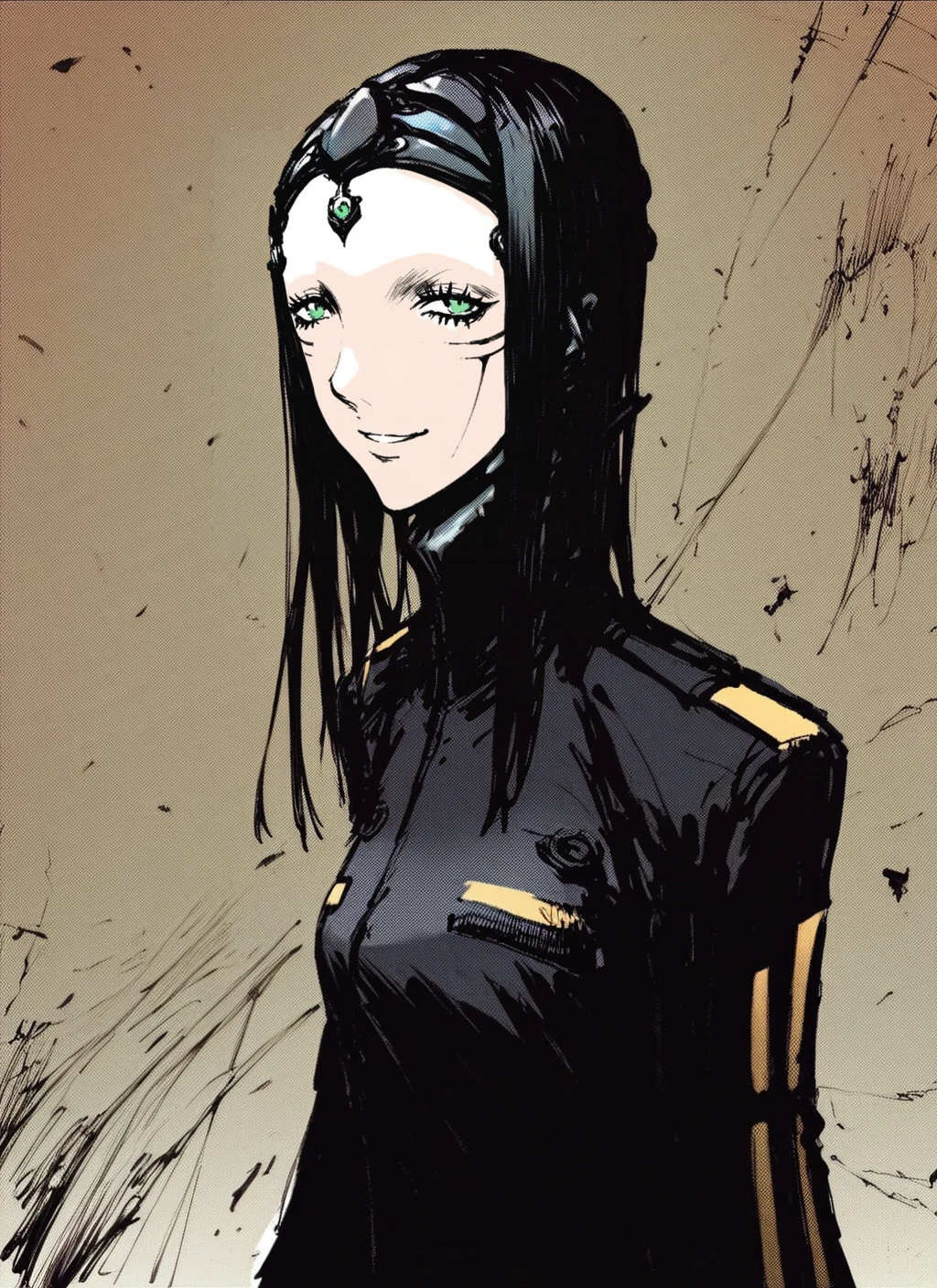 score_9, score_8_up, score_7_up, highly detailed, manga, sketch, tmnh, girl, Pcell, black hair, green eyes, smile, standing, long black jacket, source_anime, BREAK best quality, masterpiece, e621, digital_art, <lora:Tsutomu_Nihei_Blame_Style:1.0>