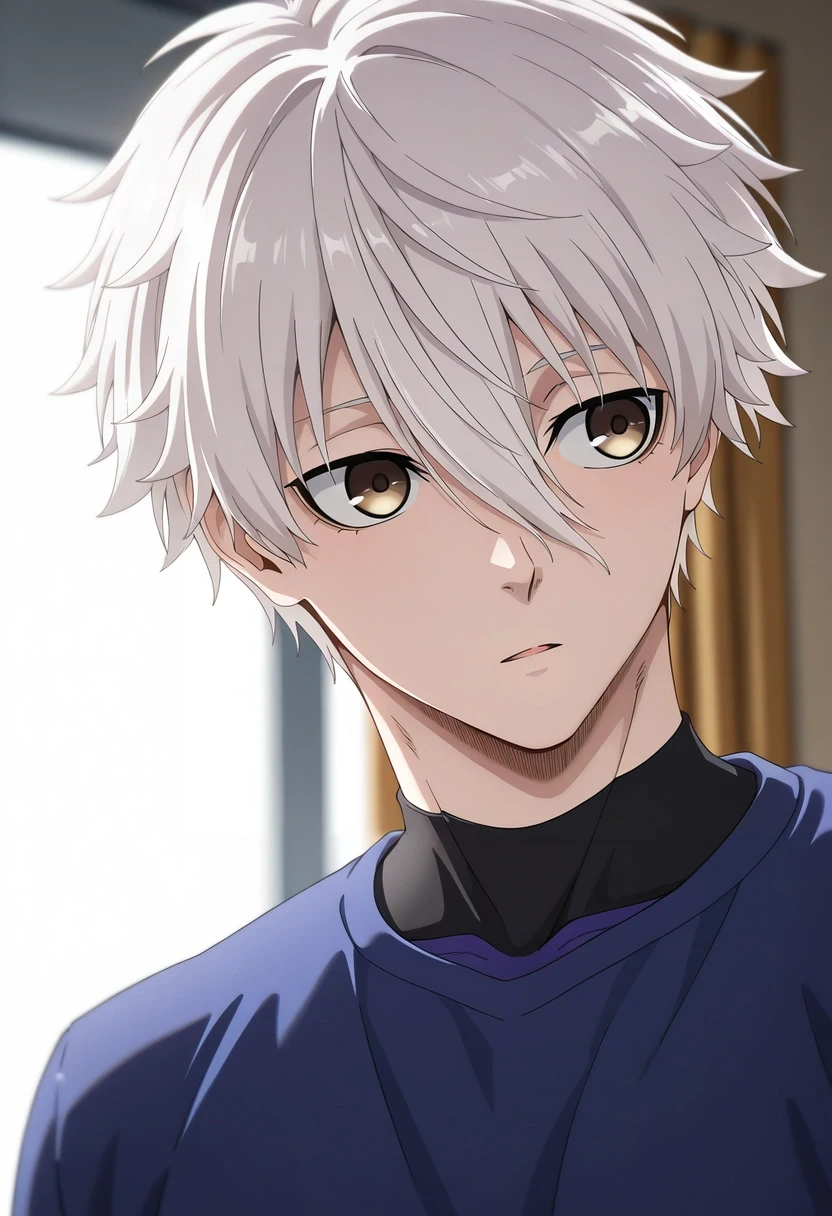 masterpiece, best quality, , (3d:0.4), , depth of field, 1boy, solo, male focus, <lora:seishirou_nagi_ilxl:0.92>, seishirou_nagi, white hair, brown eyes, short hair, bangs, hair between eyes, ,