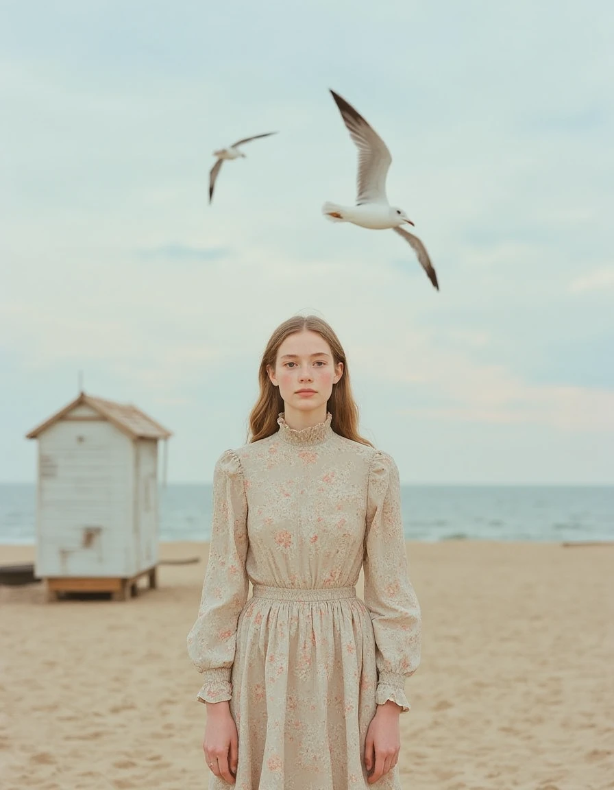 Young girl standing on beach with two seagulls flying in sky and two beach huts in the distance, vintage feel, a book cover style, dramatic emotional atmosphere beautiful woman with normal average weight, she is not fat or obese, her head is small, in good proportion to the rest of the body, round face no chin dimple , detailed skin texture, P4st3l photography, film pastel toned photography, <lora:pastelphoto:1>