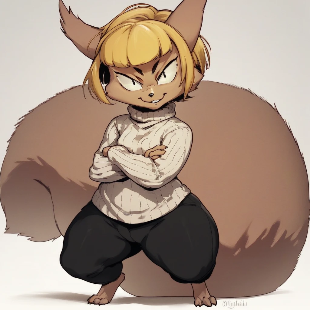 score_9, score_8_up, score_8, score_7, source_furry, daigaijin, Solo, 1girl, anthro, female furry, squirrel, rodent, brown fur, blonde hair, short hair, long tail, fluffy tail, black eyes, shortstack, small breasts, digigrade feet, full body, black pants, grey turtleneck, arms crossed, looking at viewer, soft smile, white background,
