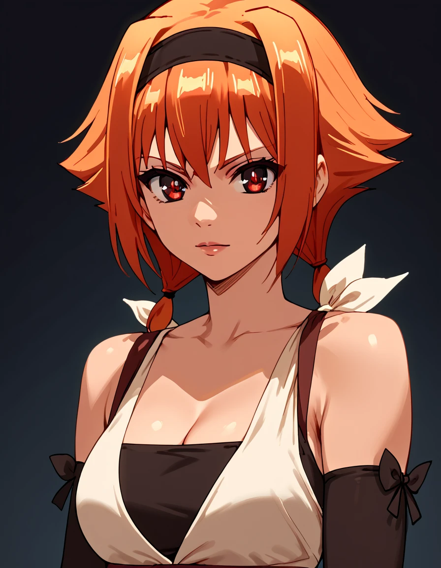 score_9, score_8_up, score_7_up, score_6_up, score_5_up, score_4_up, source_anime,  <lora:MasterofRagnarok:1>, portrait,  ingrid, red eyes, orange hair, short hair, cleavage, hairband, gloves, elbow gloves,