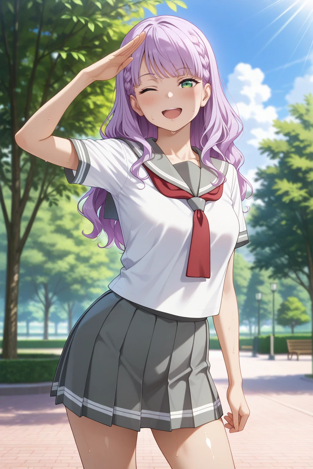 masterpiece, best quality, amazing quality, very aesthetic, absurdres, photorealistic, 1girl, solo,
<lora:wien_izo_IL:0.8>, wien, long hair, wavy hair, purple hair, green eyes, braid,
medium breasts, uranohoshi school uniform, serafuku, short sleeves, grey sailor collar, grey skirt, red neckerchief, pleated skirt, sweat, shiny skin,
wink, one eye closed, half closed eyes, seductive gaze, bedroom eyes, open mouth, smile, happy,
blush, looking at viewer, standing, contrapposto, salute,
blurry background, outdoors, blue sky, clouds, park, tree, summer, sunbeam,