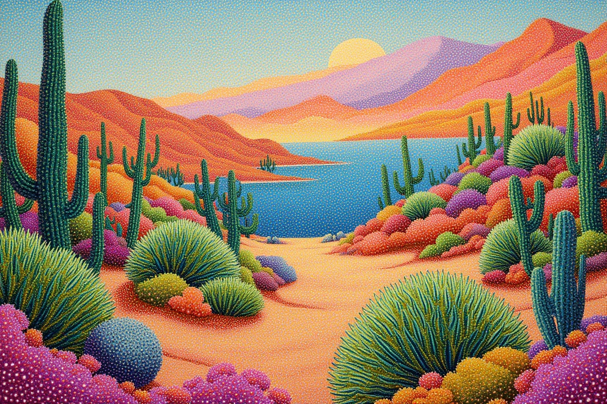 dotted truepointilli painting of a desert oasis with tons of unknown exotic plants