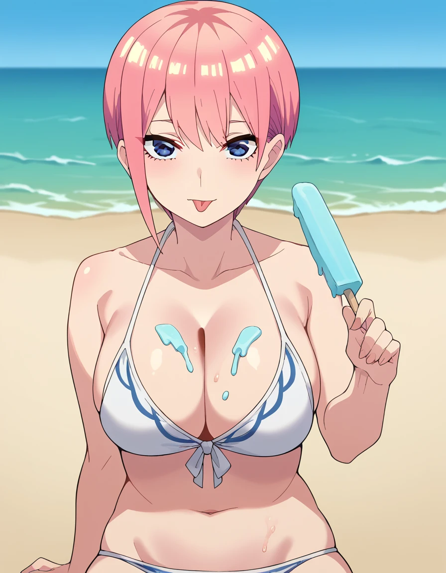 score_9, score_8_up, score_7_up, source_anime, <lora:ichika-nakano-s2-ponyxl-lora-nochekaiser:1>, ichika nakano, short hair, bangs, blue eyes, hair between eyes, pink hair, pixie cut, mature female, large breasts, <lora:popsicle-on-breasts-ponyxl-lora-nochekaiser:1> food on breasts, popsicle, food on body, holding food, holding popsicle, tongue, tongue out,, beach, bikini, navel, cleavage, looking at viewer, sitting,, cowboy shot,