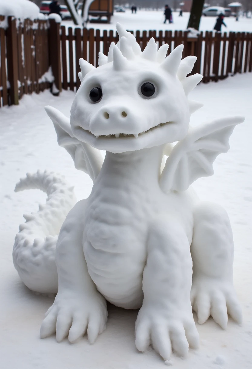 <lora:Amateur_Snowman_Sculptor_FLUX-000013:0.8>
Realistic photograph of a dragon snow sculpture, crafted entirely from snow.   The snow sculpture's texture is uneven, with some parts more compact and others more fluffy, typical of amateur hand-formed snow art.