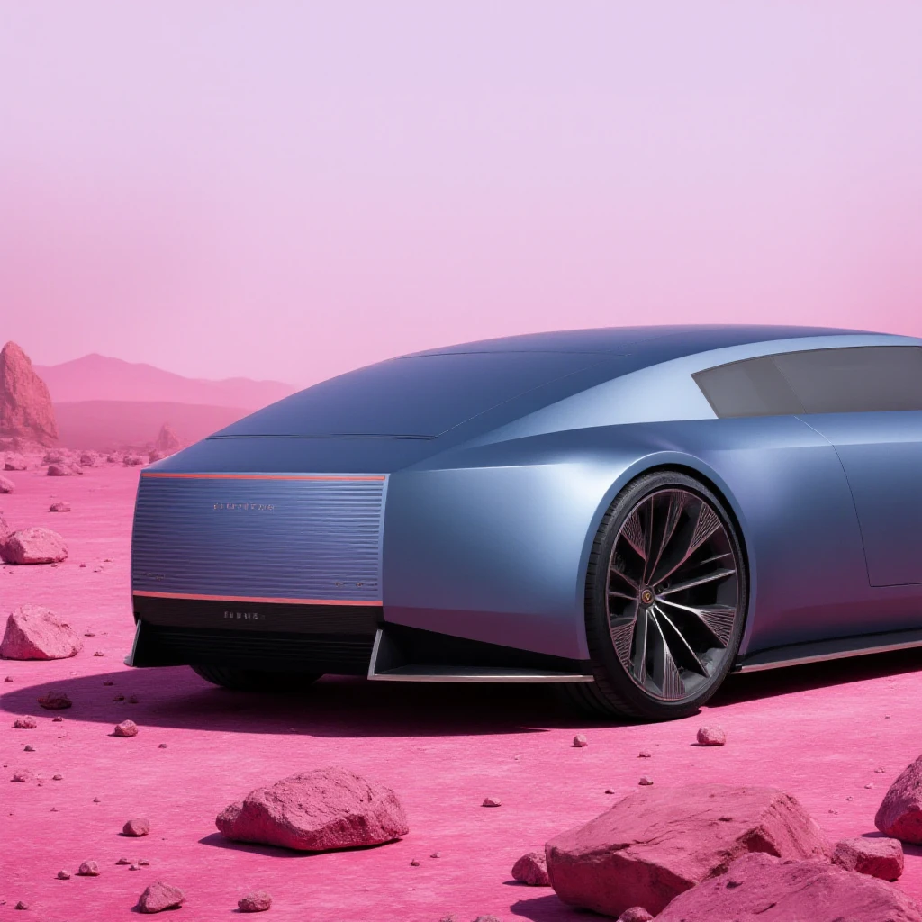 The jagtype00 car, blue car, in mars, pink desert with rocks, closeup

