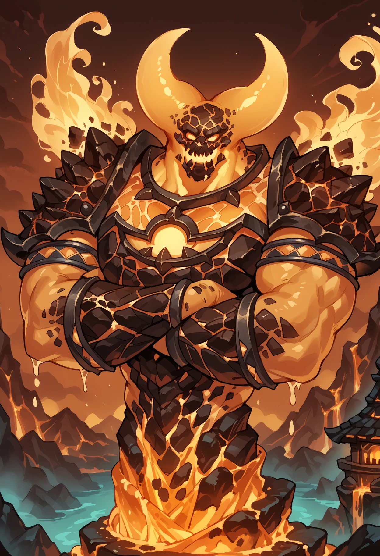 zPDXL3, score_9, score_8_up, score_7_up, detailed face, detailed body, detailed background, perfect anatomy, masterpiece, high quality, best quality, source_monster, outdoors, lava, volcano, red sky BREAK side view, half-length portrait, crossed arms, monster, ragnaros, lava body, muscular, big pecs, broad shoulders <lora:detailed_notrigger:1> <lora:Ragnaros_WoW_V1:0.8>