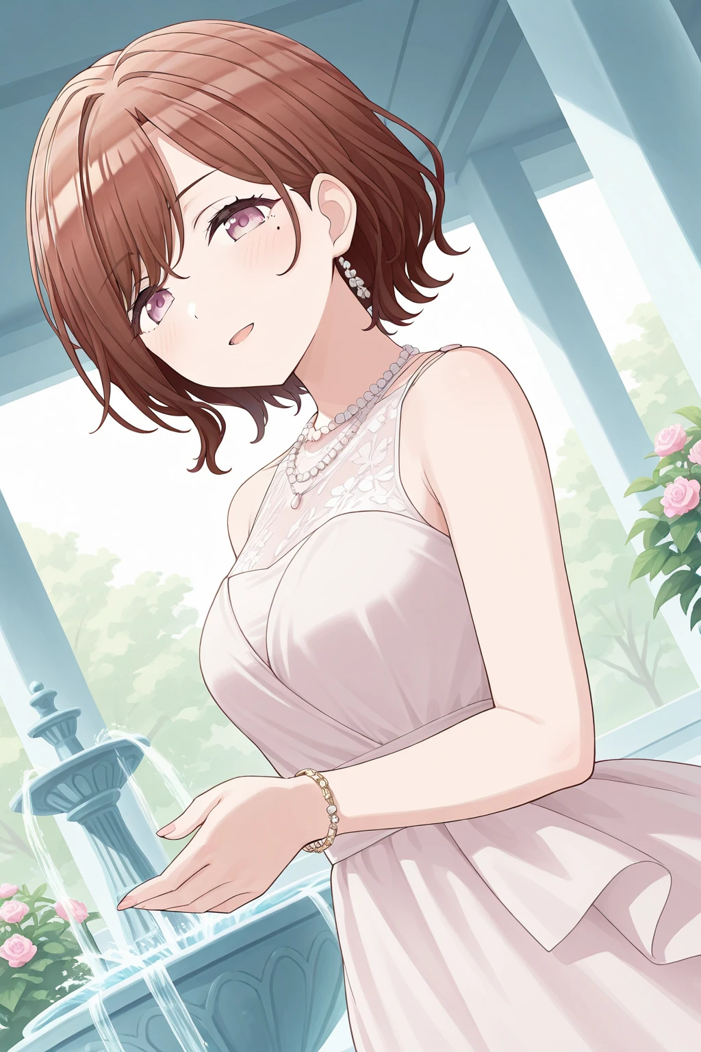 <lora:Higuchi_Madoka:1>, Higuchi Madoka, brown hair, short hair, swept bangs, mole, mole under eye, purple eyes, 1girl, solo, dress, jewelry, bracelet, flower, smile, open mouth, looking at viewer, necklace,  sleeveless, blush, dutch angle, pearl necklace, bare shoulders, indoors, fountain,