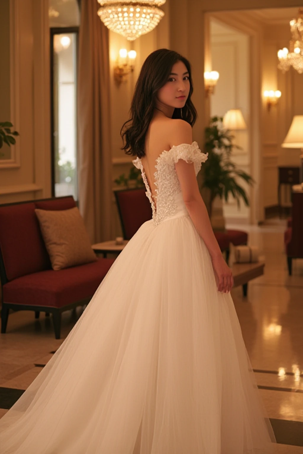 realistic imagery, Standing in a luxurious hotel lobby wearing a Cinderella-like dress,Asian woman, (((Upper Body))),ryoko<lora:ryoko_hirosue:1>