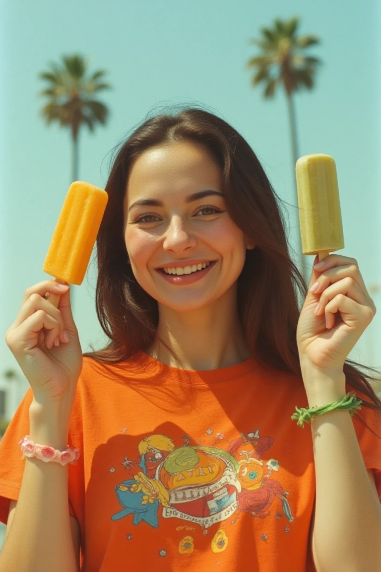 Analog kodak colour Photo of haniaaflx, A close-up shot of a woman with long brown hair, wearing an orange t-shirt with a colorful design on the front. She is holding popsicles in both her hands. Both her hands are raised up to show the popsicles. The woman's left wrist is adorned with a pink bracelet and a green bracelet. The background is a light blue sky with palm trees behind her. She is smiling