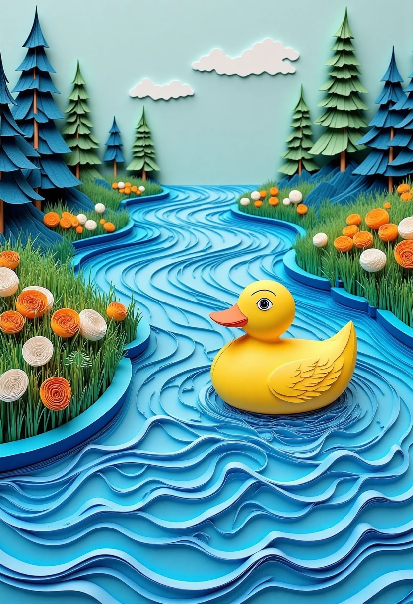 paper quilling, layered paper, river, yellow rubber duck, soft blue tones, rippling water
