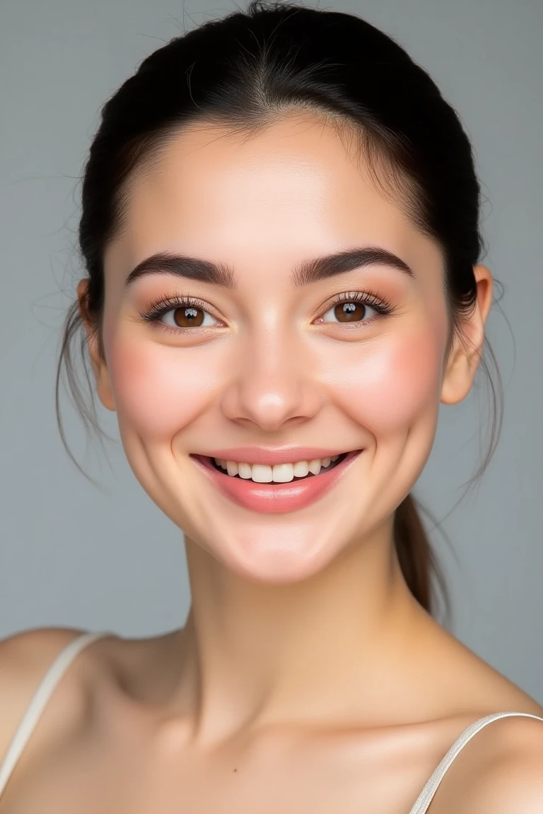 High quality realistic beauty shot of haniaaflx. A close-up shot of a dark brown eyed woman. She is wearing a camisole blouse. Her lips are a light pink color. Her hair is pulled back. The backdrop is a light gray. She is giving a beautiful smile.