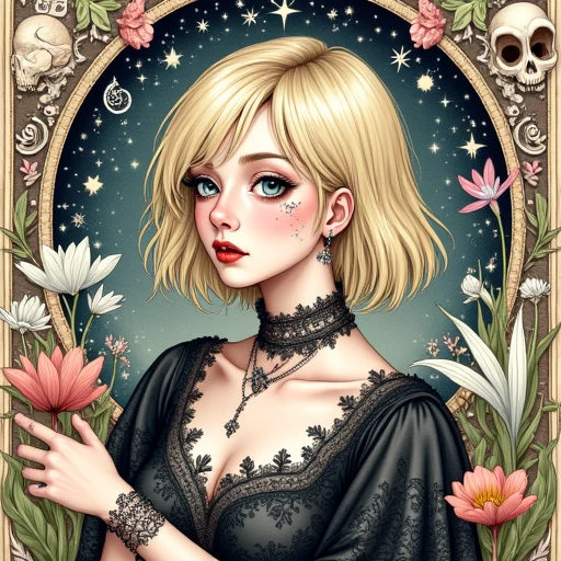 portrait of a very blonde woman with greyish green blue eyes, she wears light makeup, kawaii stickers dot her cheeks, metaphysical symbols and imagery surround her