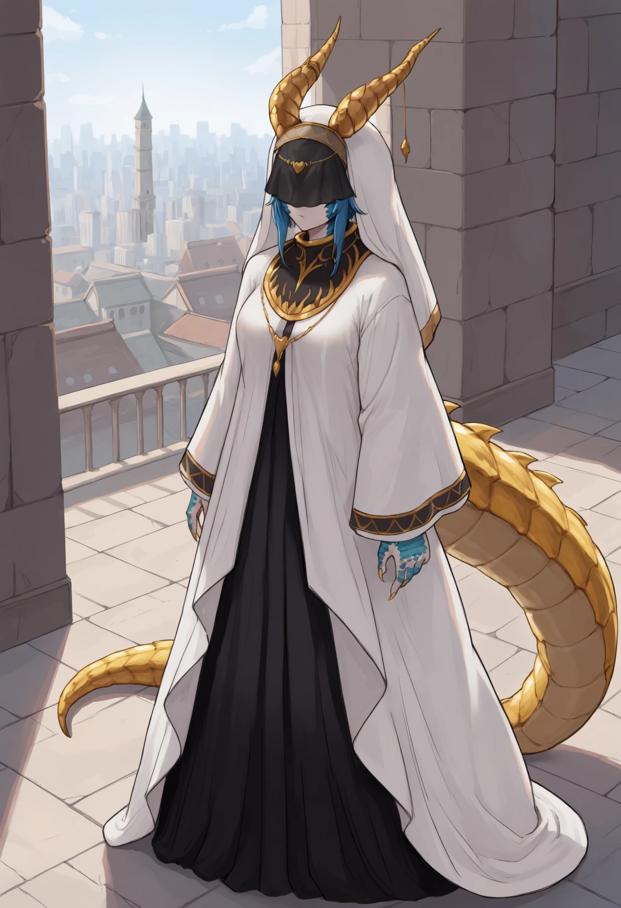 masterpiece, best quality, 1girl, monster girl, colored skin, yellow horns, blue scales, short hair with long locks, blue hair, yellow tail, gold tail, yellow tail scales, claws, gold nails, medium breasts,
horn ornament, white headdress, black veil, covered eyes, white robe, necklace,
arms at sides, looking up,
indoors, cityscape, stone, tower, view over city, high ground,
<lora:Skadi-Dragenfelt-NoobAi-1.1_V1-Manityro-CAME:1>,